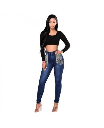 Plus Size Jeans Lady Fashion Beaded Tassel Tight Fit Versatile Women's Jeans Large Size Casual Solid Color Trousers 2023 New ...