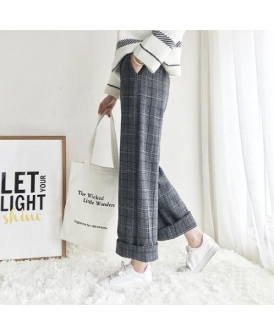 2023 Autumn Winter Woolen Plaid Pants Women Elastic High Waist Ankle-length Pant Harajuku Wide Leg Trousers $32.23 - Pants & ...