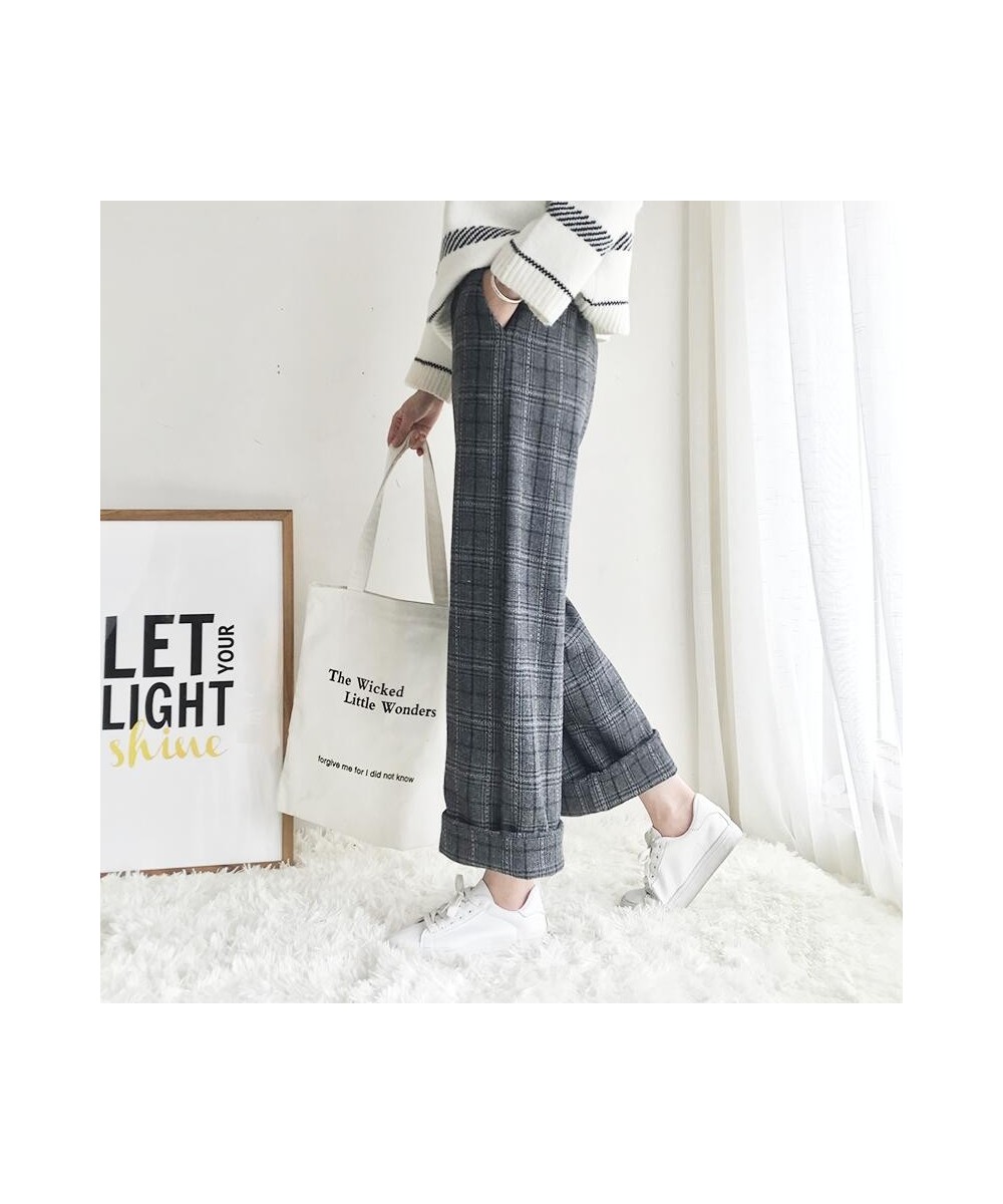 2023 Autumn Winter Woolen Plaid Pants Women Elastic High Waist Ankle-length Pant Harajuku Wide Leg Trousers $32.23 - Pants & ...