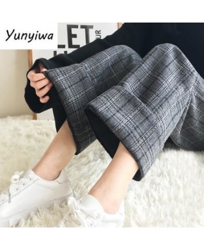 2023 Autumn Winter Woolen Plaid Pants Women Elastic High Waist Ankle-length Pant Harajuku Wide Leg Trousers $32.23 - Pants & ...