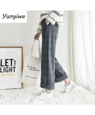 2023 Autumn Winter Woolen Plaid Pants Women Elastic High Waist Ankle-length Pant Harajuku Wide Leg Trousers $32.23 - Pants & ...