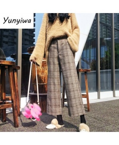 2023 Autumn Winter Woolen Plaid Pants Women Elastic High Waist Ankle-length Pant Harajuku Wide Leg Trousers $32.23 - Pants & ...