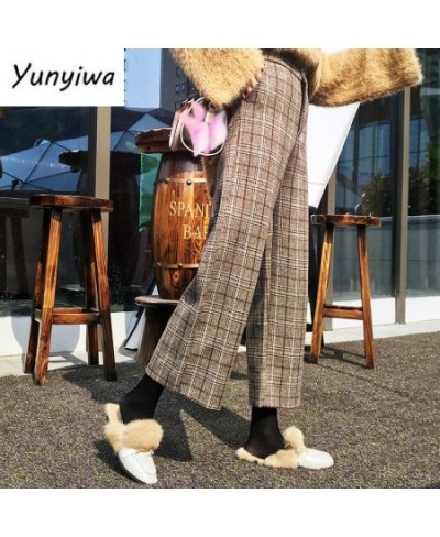 2023 Autumn Winter Woolen Plaid Pants Women Elastic High Waist Ankle-length Pant Harajuku Wide Leg Trousers $32.23 - Pants & ...