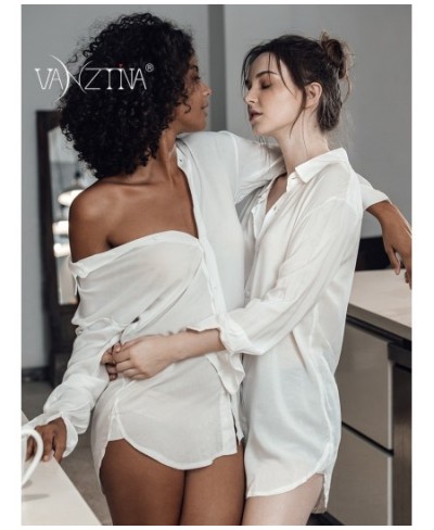 Women's Summer pajamas White comfortable boyfriend style Long Sleeve shirt Sleepwear Home suit sexy perspective pijama $33.51...