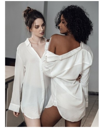 Women's Summer pajamas White comfortable boyfriend style Long Sleeve shirt Sleepwear Home suit sexy perspective pijama $33.51...