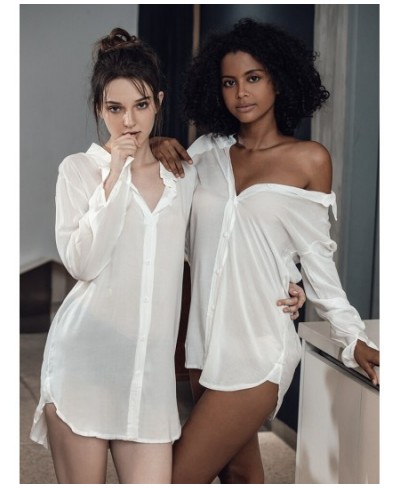 Women's Summer pajamas White comfortable boyfriend style Long Sleeve shirt Sleepwear Home suit sexy perspective pijama $33.51...