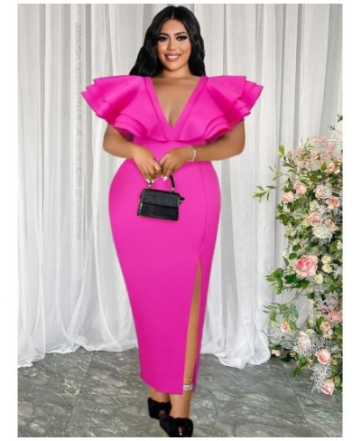 Plus Size Long Sexy Party Dresses Women Ruffles Sleeves Deep V Neck Maxi Evening Robe Event Occasion Club Birthday Christmas ...