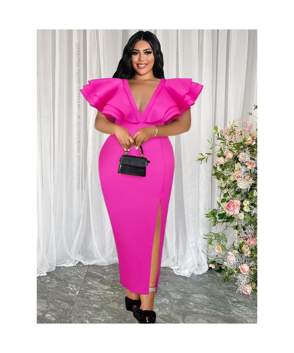 Plus Size Long Sexy Party Dresses Women Ruffles Sleeves Deep V Neck Maxi Evening Robe Event Occasion Club Birthday Christmas ...