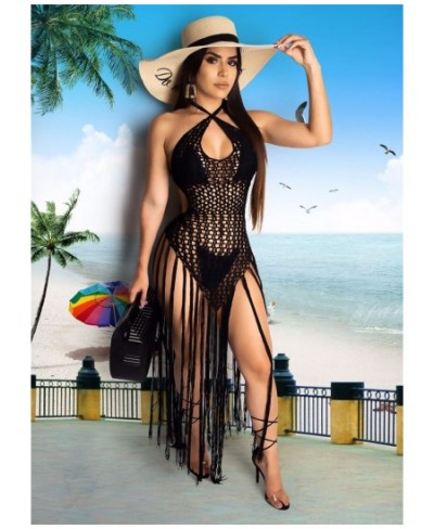 Hand Crochet Fishnet Long Tassel Summer Beach Dress Fashion Sexy Halter Backless Maxi Dress Women Tunic Swimwear Outfits $48....