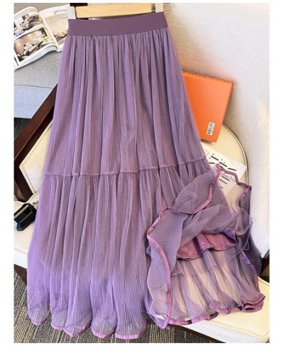 Mid-length Tulle Pleated Skirt for Women 2023 Spring Summer Casual Solid A Line High Waist Midi Long Skirt Female Purple $37....