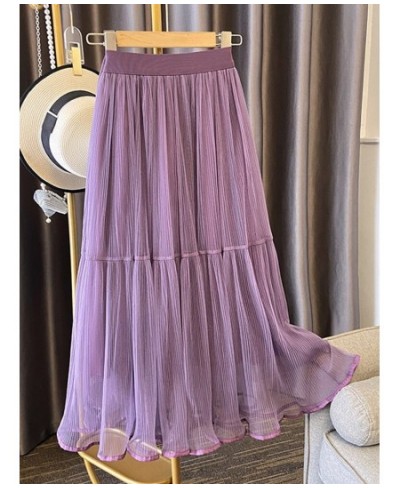 Mid-length Tulle Pleated Skirt for Women 2023 Spring Summer Casual Solid A Line High Waist Midi Long Skirt Female Purple $37....