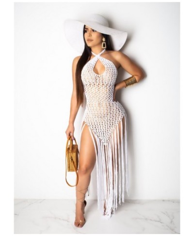 Hand Crochet Fishnet Long Tassel Summer Beach Dress Fashion Sexy Halter Backless Maxi Dress Women Tunic Swimwear Outfits $48....