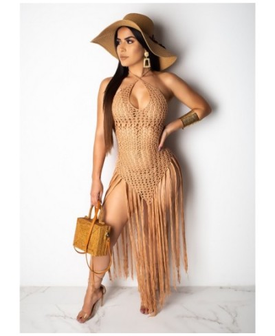 Hand Crochet Fishnet Long Tassel Summer Beach Dress Fashion Sexy Halter Backless Maxi Dress Women Tunic Swimwear Outfits $48....