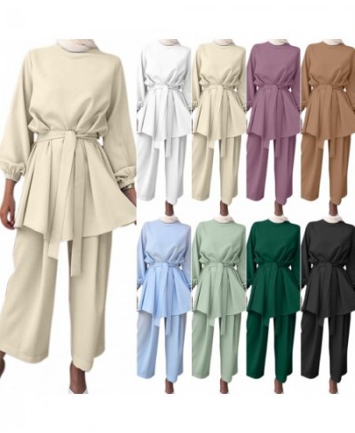 Women's Autumn Shirt Set Bow Tie Belt Muslim Set Long Sleeve Turkish Shirt Pants Abaya Solid 2PCS Oversized $41.38 - Muslim F...