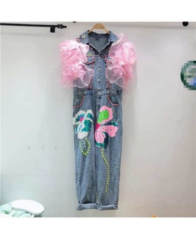 Jeans Romper Sexy Women Sleeveless Bodycon Blue Denim Sequined Flowers Fly Sleeves Jumpsuit Overalls $102.24 - Jeans