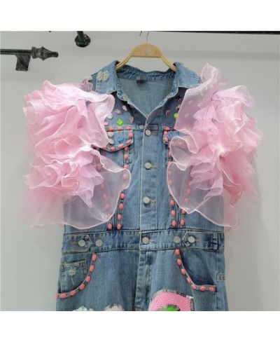 Jeans Romper Sexy Women Sleeveless Bodycon Blue Denim Sequined Flowers Fly Sleeves Jumpsuit Overalls $102.24 - Jeans