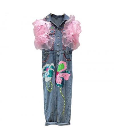 Jeans Romper Sexy Women Sleeveless Bodycon Blue Denim Sequined Flowers Fly Sleeves Jumpsuit Overalls $102.24 - Jeans