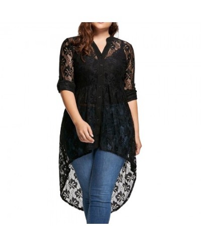 5XL Large Size Black Lace Patchwork Blouses Women Sexy Perspective Button Up Shirts Casual V Neck Long Sleeve Tops bluzki $28...