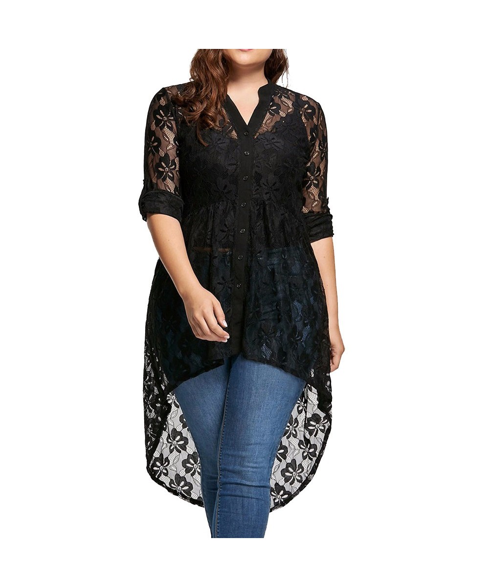 5XL Large Size Black Lace Patchwork Blouses Women Sexy Perspective Button Up Shirts Casual V Neck Long Sleeve Tops bluzki $28...