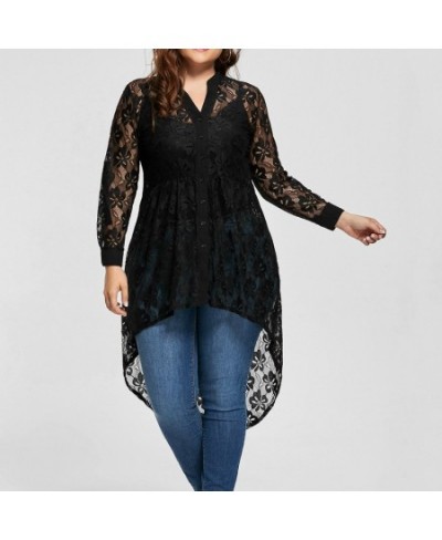 5XL Large Size Black Lace Patchwork Blouses Women Sexy Perspective Button Up Shirts Casual V Neck Long Sleeve Tops bluzki $28...