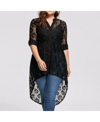 5XL Large Size Black Lace Patchwork Blouses Women Sexy Perspective Button Up Shirts Casual V Neck Long Sleeve Tops bluzki $28...