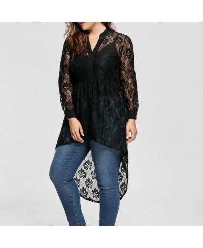 5XL Large Size Black Lace Patchwork Blouses Women Sexy Perspective Button Up Shirts Casual V Neck Long Sleeve Tops bluzki $28...