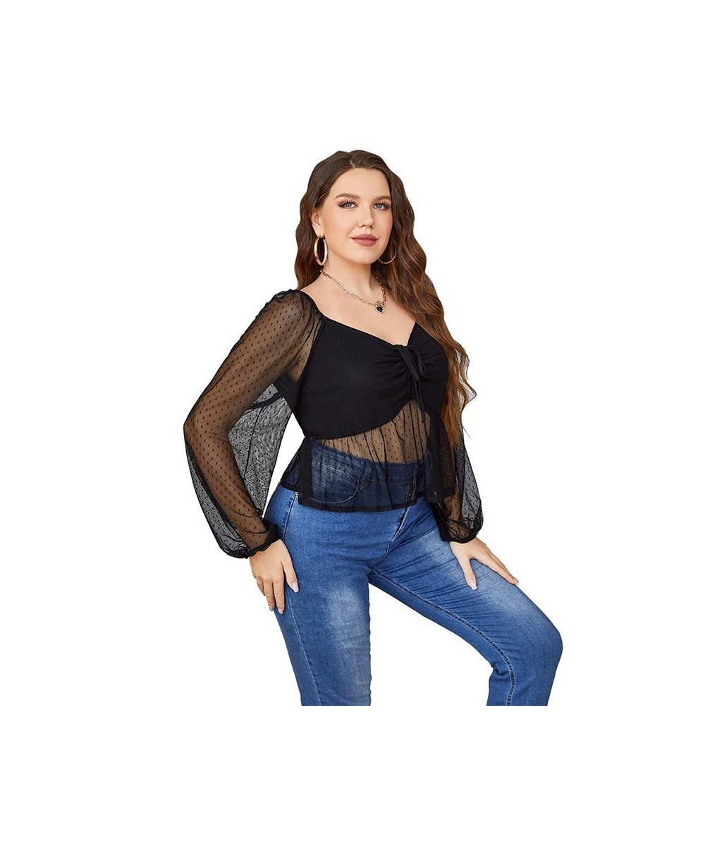 Plus Size Tops 2022 Women Fashion Long Sleeve Black Dot Mesh See Through Lace Up Shirt Elegant Ladies Autumn Tops Clothing 4X...