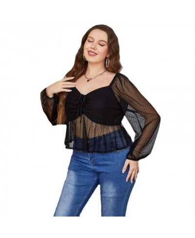 Plus Size Tops 2022 Women Fashion Long Sleeve Black Dot Mesh See Through Lace Up Shirt Elegant Ladies Autumn Tops Clothing 4X...