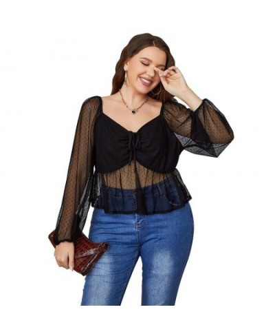 Plus Size Tops 2022 Women Fashion Long Sleeve Black Dot Mesh See Through Lace Up Shirt Elegant Ladies Autumn Tops Clothing 4X...