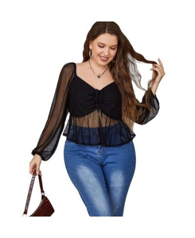 Plus Size Tops 2022 Women Fashion Long Sleeve Black Dot Mesh See Through Lace Up Shirt Elegant Ladies Autumn Tops Clothing 4X...