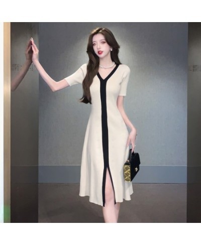 Elegant Short Sleeve Knitted Midi Dress for Women Summer Outfits Split Hit Color Patchwork A-Line Slim Party Dress $44.39 - D...