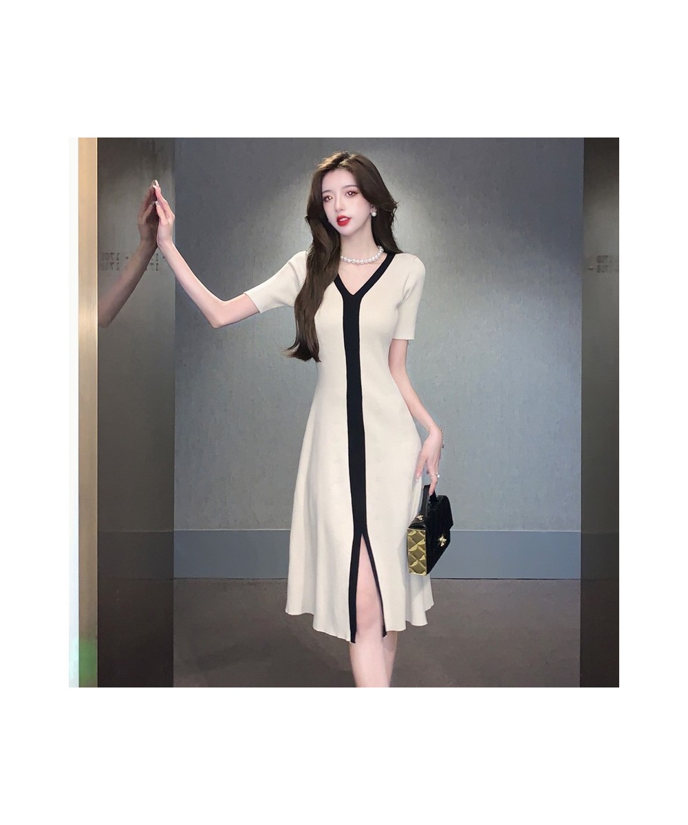 Elegant Short Sleeve Knitted Midi Dress for Women Summer Outfits Split Hit Color Patchwork A-Line Slim Party Dress $44.39 - D...