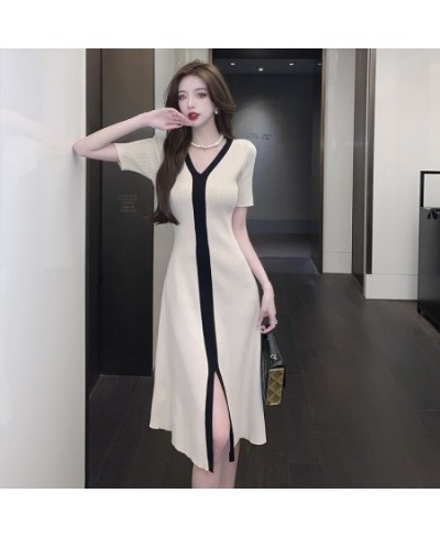 Elegant Short Sleeve Knitted Midi Dress for Women Summer Outfits Split Hit Color Patchwork A-Line Slim Party Dress $44.39 - D...