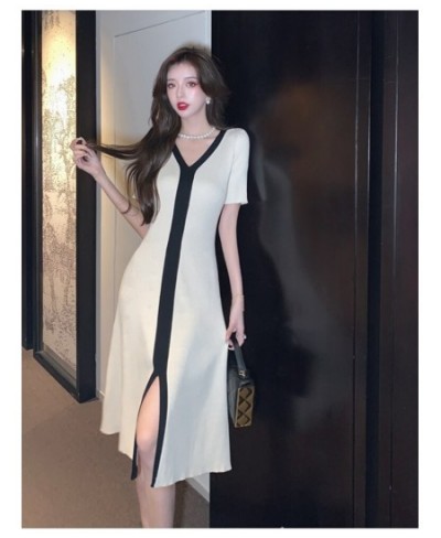 Elegant Short Sleeve Knitted Midi Dress for Women Summer Outfits Split Hit Color Patchwork A-Line Slim Party Dress $44.39 - D...