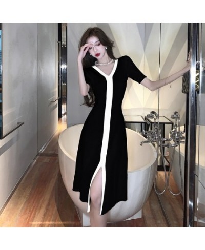 Elegant Short Sleeve Knitted Midi Dress for Women Summer Outfits Split Hit Color Patchwork A-Line Slim Party Dress $44.39 - D...