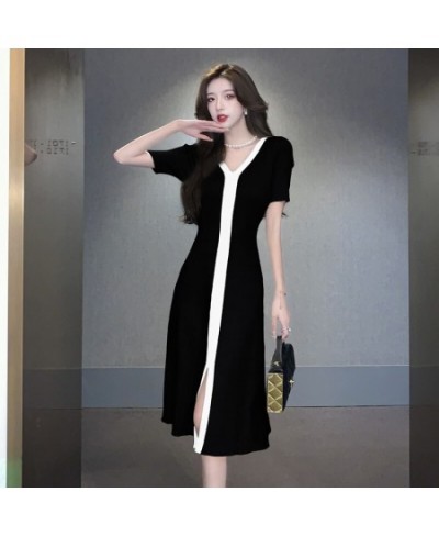 Elegant Short Sleeve Knitted Midi Dress for Women Summer Outfits Split Hit Color Patchwork A-Line Slim Party Dress $44.39 - D...