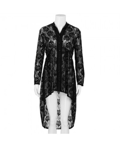 5XL Large Size Black Lace Patchwork Blouses Women Sexy Perspective Button Up Shirts Casual V Neck Long Sleeve Tops bluzki $28...