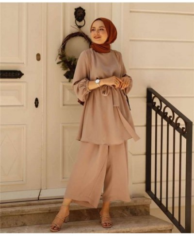 Women's Autumn Shirt Set Bow Tie Belt Muslim Set Long Sleeve Turkish Shirt Pants Abaya Solid 2PCS Oversized $41.38 - Muslim F...