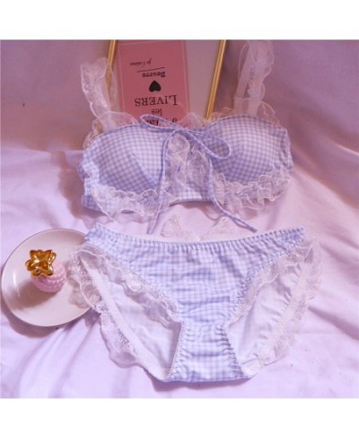 Girl Sweet Cute Wire Free Comfortable Bra Set Animie Lolita Women Underwear Suit Sexy Lace Plaid Kawaii Bra and Panty Set $33...