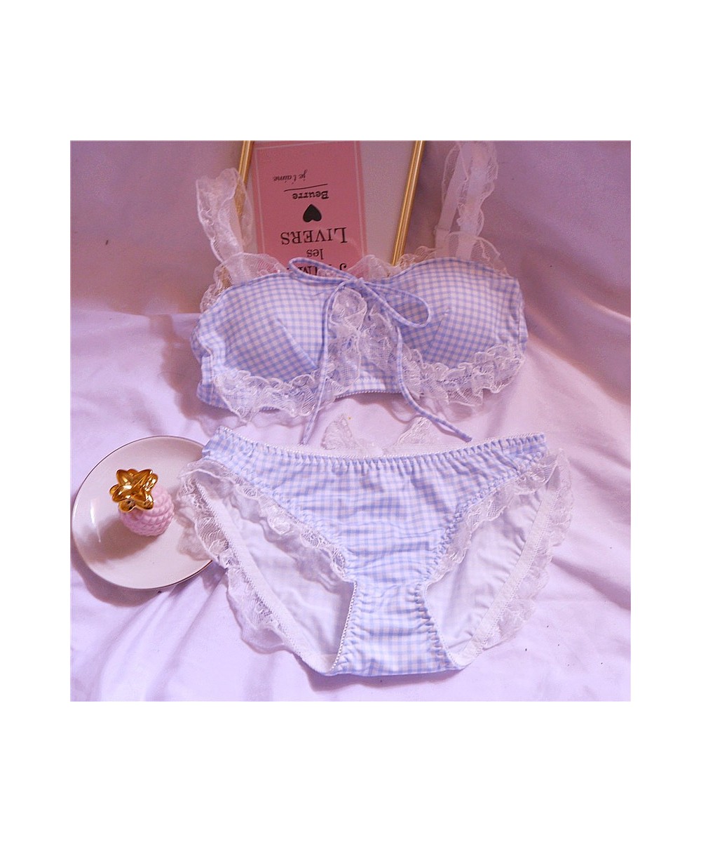 Girl Sweet Cute Wire Free Comfortable Bra Set Animie Lolita Women Underwear Suit Sexy Lace Plaid Kawaii Bra and Panty Set $33...