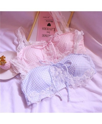 Girl Sweet Cute Wire Free Comfortable Bra Set Animie Lolita Women Underwear Suit Sexy Lace Plaid Kawaii Bra and Panty Set $33...