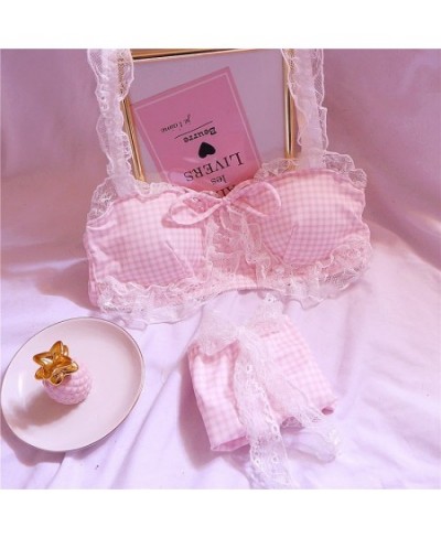 Girl Sweet Cute Wire Free Comfortable Bra Set Animie Lolita Women Underwear Suit Sexy Lace Plaid Kawaii Bra and Panty Set $33...