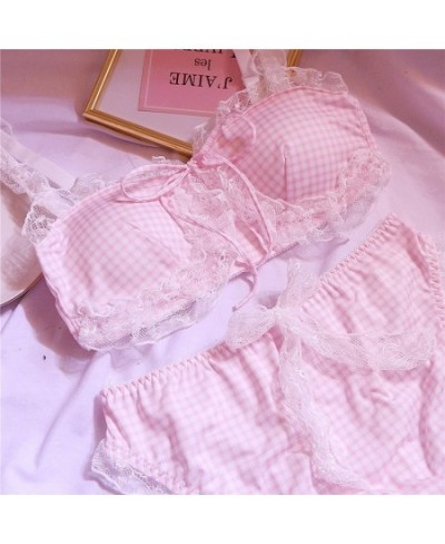 Girl Sweet Cute Wire Free Comfortable Bra Set Animie Lolita Women Underwear Suit Sexy Lace Plaid Kawaii Bra and Panty Set $33...