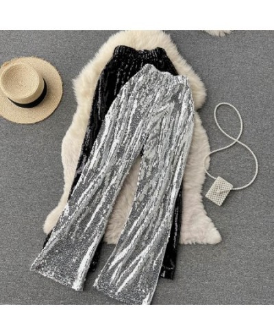 Silver Full Sequined 2022 New Women Wide Leg Pant Elastic Waist Bling Luxury Chic Capris Casual Sliver Long Pant Female Club ...