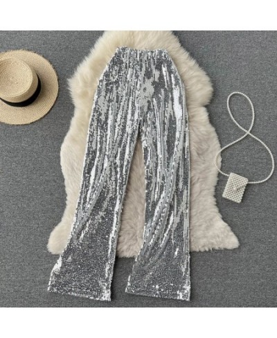 Silver Full Sequined 2022 New Women Wide Leg Pant Elastic Waist Bling Luxury Chic Capris Casual Sliver Long Pant Female Club ...