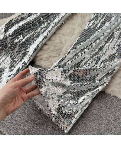 Silver Full Sequined 2022 New Women Wide Leg Pant Elastic Waist Bling Luxury Chic Capris Casual Sliver Long Pant Female Club ...