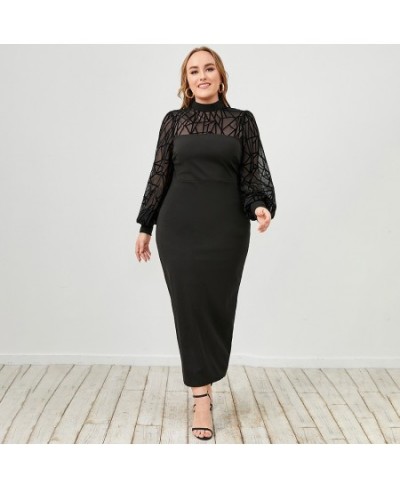 Plus Size Dresses Black Round Neck Long Sleeve Solid Color Temperament Elegant Dress Sexy Lace Splicing Casual Ladies Maxi $5...