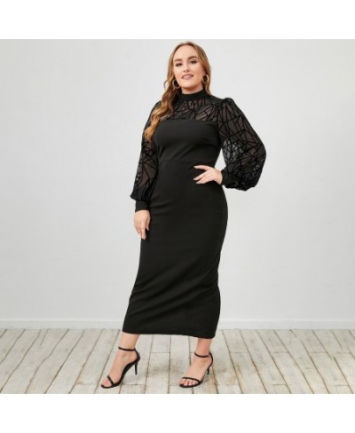 Plus Size Dresses Black Round Neck Long Sleeve Solid Color Temperament Elegant Dress Sexy Lace Splicing Casual Ladies Maxi $5...