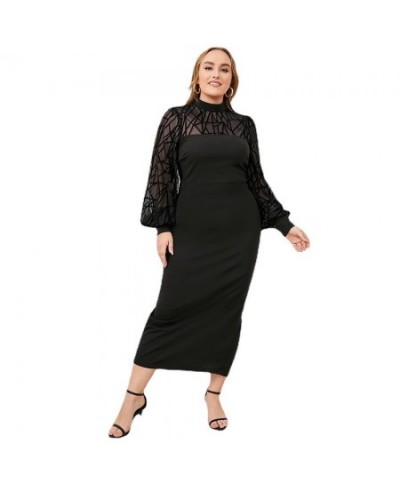 Plus Size Dresses Black Round Neck Long Sleeve Solid Color Temperament Elegant Dress Sexy Lace Splicing Casual Ladies Maxi $5...