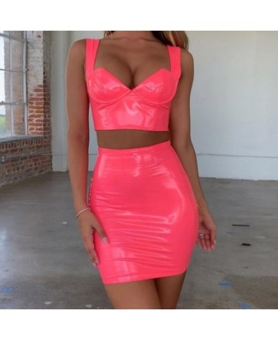 2022 Summer Fluorescent Two-color PU Leather Sexy Slimi Mini Two-piece Casual Suit Vest + Skirt Suit $37.57 - Suits & Sets